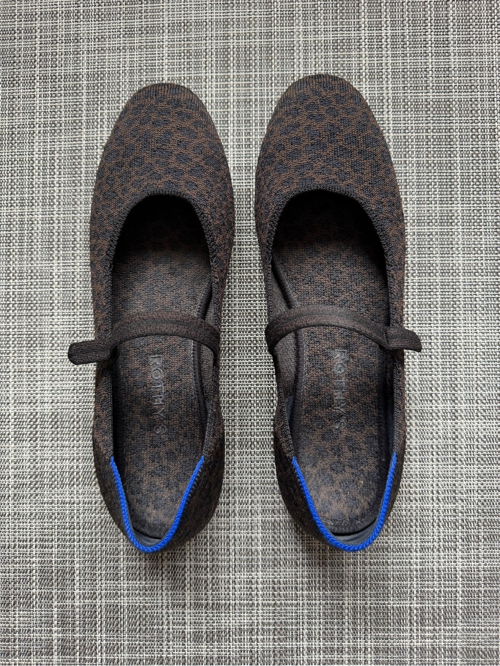 Rothy's Brown Knit Mary Jane Flats with Blue Heel Trim